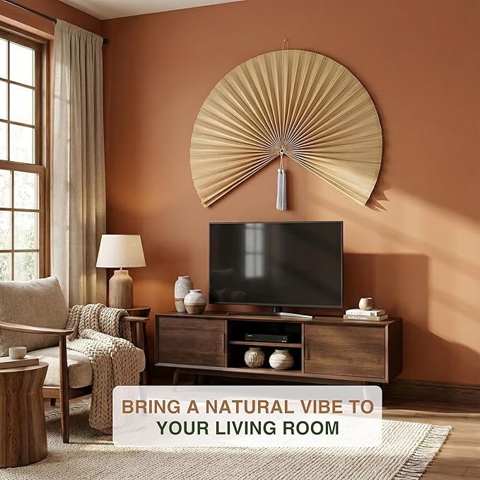 Chicvillage Boho Wall Decor 60", Bedroom Wall Decor for Above Bed, Aesthetic Wall Decor Bamboo Fan Art, Large Woven Headboard, Hook Included (Beige)