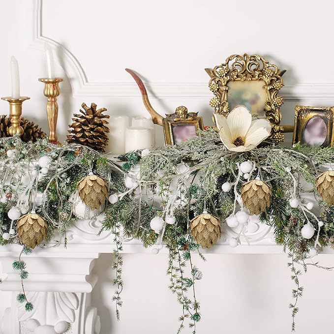 Jetec 8 Pieces Christmas Ornaments Glitter Christmas Tree Hanging Decoration Decorative Artificial Pine Cones Flowers Hanging Ornaments for Winter Wreath Holiday Decor(Gold)