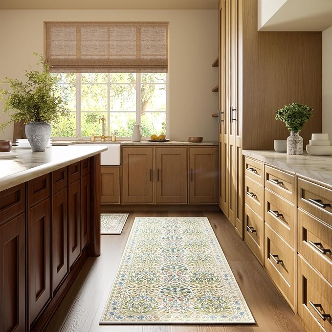 Non-Slip Bathroom Runner Rug 2x6 Feet, Washable Long Kitchen Hallway Laundry Mat, Beige Green Vintage Floral Design