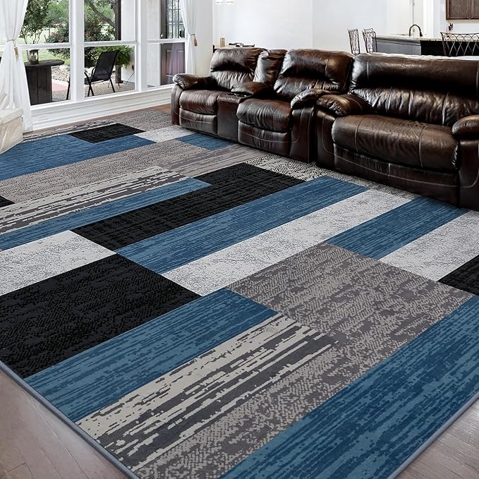 FlyDOIT Modern Geometric Patchwork Area Rug, 4x6 Blue Large Rugs for Living Room, Rockwood Collection Indoor Rugs for Bedroom, Throw Carpet Floor Decor for Entryway Dining Room Office Nursery