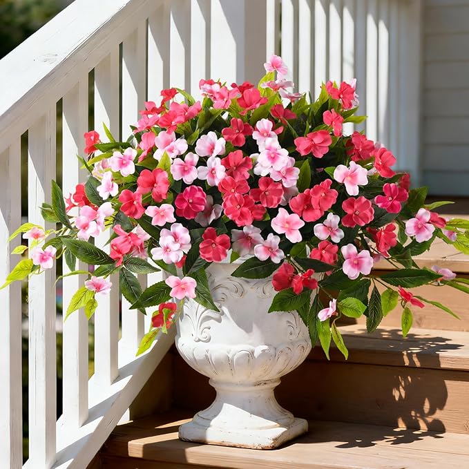 Artificial Flowers for Outdoor, 2 Bundles UV Resistant Fake Plants Decoration Realistic Faux Silk Flowers No Fade Plastic Flowers for Outside Planters Home Porch Patio Yard Garden Decor