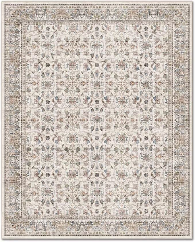 Washable 10x14 Area Rugs for Living Room, Boho Non-Slip Vintage Distress Large Rugs for Bedroom Dining Room Office, 0.3" Neutral Oriental Throw Thin Carpet, Cream/Blue/Orange/Multi