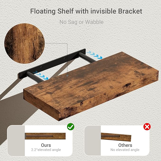 Vivelove Bathroom Floating Shelves for Wall 16 inchs Long, Display Shelves with Invisible Brackets for Living Room, Bedroom, Kitchen, Shelves Over Toilet Farmhouse Home Decor - Set of 2, Rustic Brown