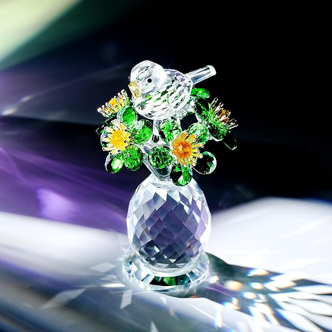 Crystal Bird & Forget-Me-Not Flower Figurine,3x4 inch Glass Flower Collectible Ornaments for Home Decor Table Centerpiece Glass Bouquet Flowers Keepsake Gifts for Women （Green）