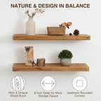 Dreamland Solid Elm Wood Floating Shelves, 18" W x 8" D Floating Shelf Wall Mounted, 8 Inch Deep Wall Shelves - Wooden Bathroom Shelf, Deep Bookshelf for Living Room, Kitchen Wall Shelf, Set of 2