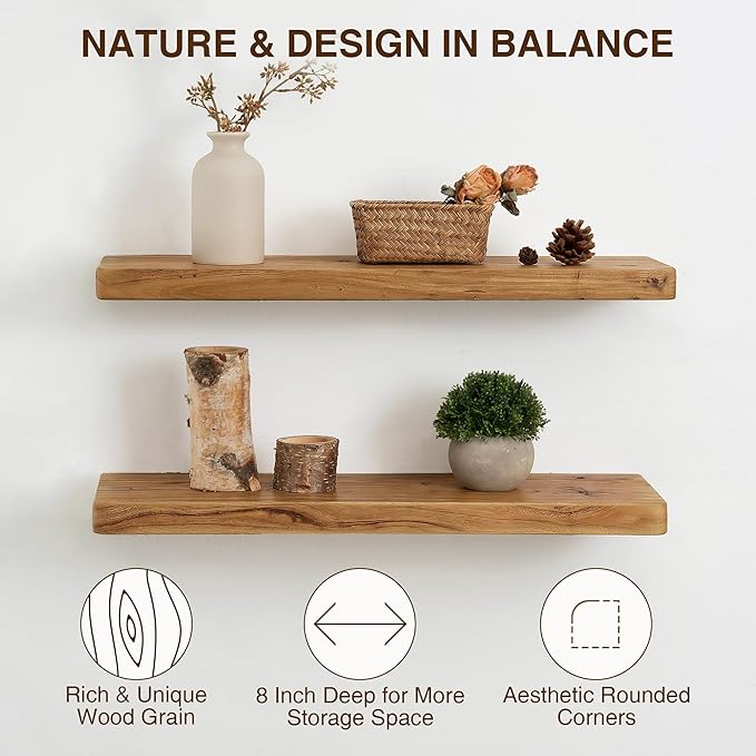 Floating Shelves 30" W x 8" D, Solid Elm Wood Shelves for Wall, 8 Inch Deep - Rustic Wooden Bathroom Shelves 30" Long, for Living Room, Kitchen, Office, Entryway, Set of 2, Heavy-Duty Bookshelf