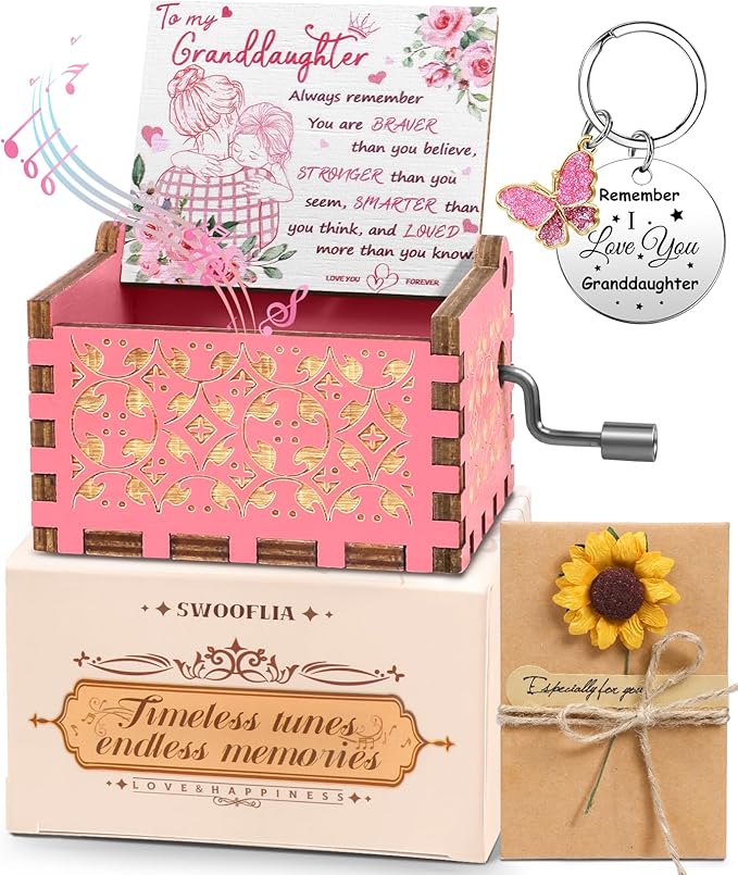 Swooflia Mother's Day Wooden Music Box for Granddaughter - Hand Crank Engraved Musical Box Vintage Mechanism Personalized Gifts for Mom Aunt Daughter Niece Grandma Friend Jesus On Birthday