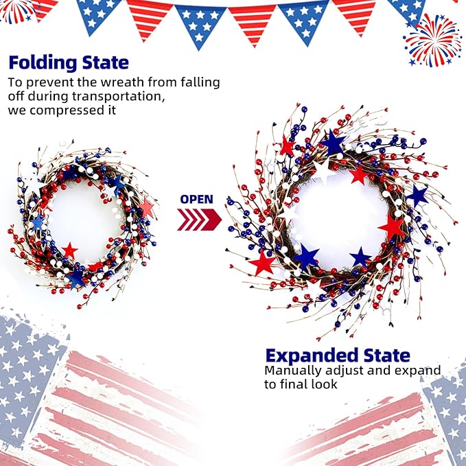 Patriotic Wreaths for Front Door with Lights, 20inch 4th of July Wreaths Red White and Blue Berry Star Summer American Flag Wreath for Independence Day Flag Day Memorial Day Window Wall Decor