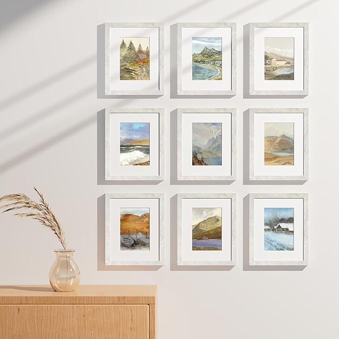 Vittanly 8x10 Picture Frames Set of 9, Shatter Resistant Plexiglass, Display 5x7 Pictures with Mat or 8x10 without Mat, Photo Frames for Wall or Tabletop, Engineered Wood, Vintage Marble White