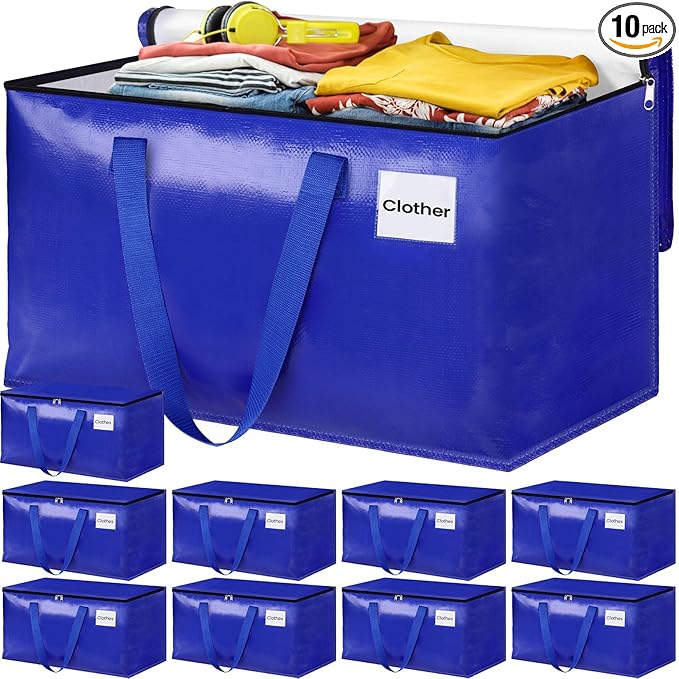 Moving Bags, Storage Bags with Sturdy Handles and Heavy Duty Zippers, Storage Totes for Space Saving, Moving & Storage, Collapsible Moving Supplies(88L, 10-Pack, Blue)