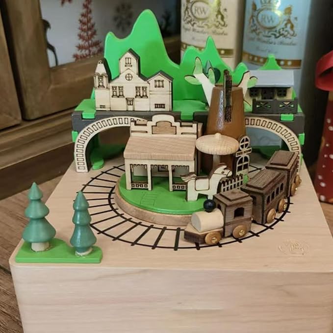 Natural Solid Wood Handcrafted Beech Wooden, Musical FigureTotoro/Carousel/Fairy/Ballerina Figurine,Rotating Hand Crank Mechanism Music Box,Musical Decorations (The Train in the Cavern)