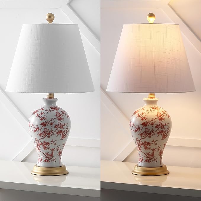 JONATHAN Y 24" White/Red French Country Ceramic Floral Urn Table Lamp, White Linen Shade, Chinoiserie Ginger Jar Bedside Lamp for Living Room Bedroom, LED Bulb (JYL3009C)
