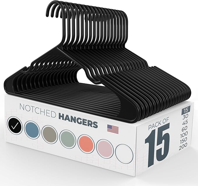 Neaties Plastic Hangers 15 Pack – Made in The USA – 6lb Capacity Standard Clothes Hangers with Notches and Reinforced Edges for Dresses, Lingerie, Shirts, Pants, and Jackets – Black
