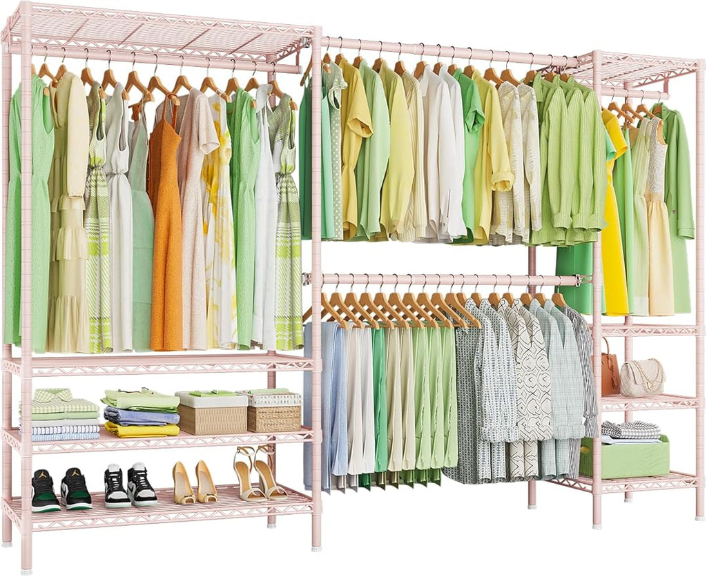Ulif E11 Heavy-Duty Garment Rack, Metal Freestanding Clothes Rack and Closet Storage Organizer System with 8 Shelves and 4 Hanger Rods, (73.2-97.6)" W x 14.5" D x 71.2" H, Load 1034 LBS, Pink