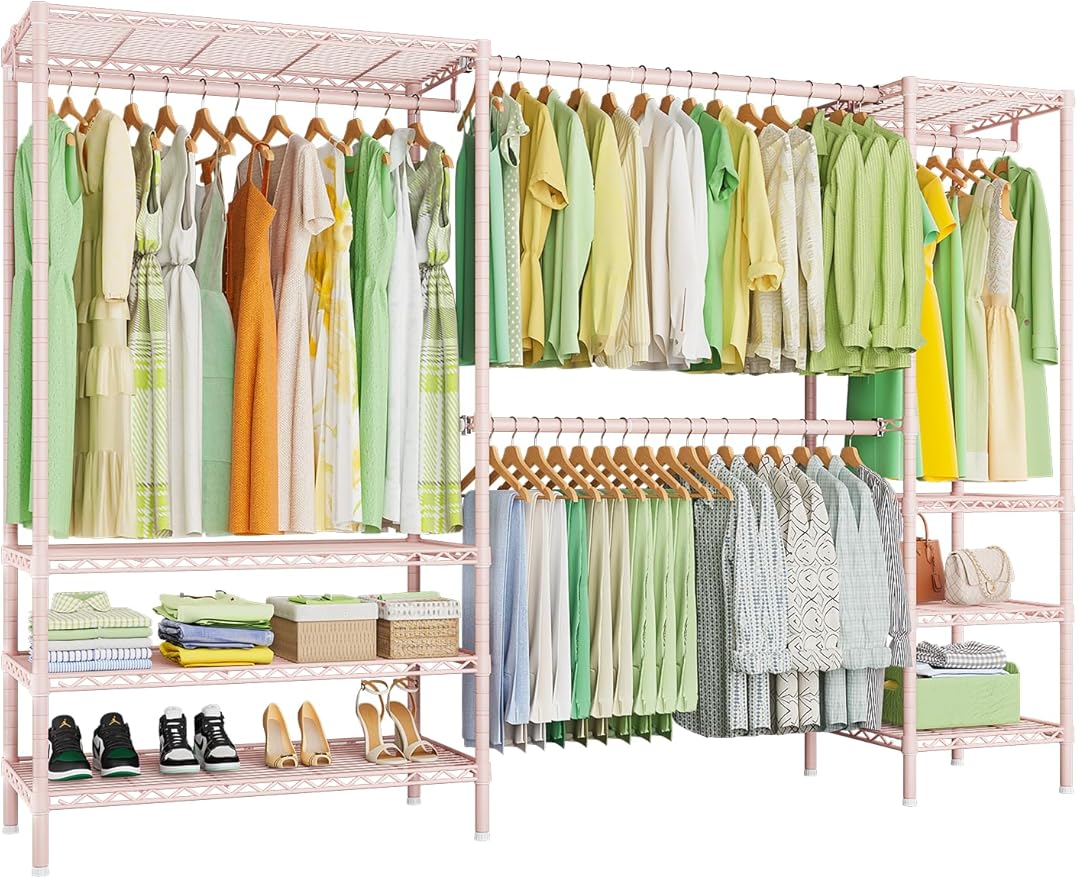 Ulif E11 Heavy-Duty Garment Rack, Metal Freestanding Clothes Rack and Closet Storage Organizer System with 8 Shelves and 4 Hanger Rods, (73.2-97.6)" W x 14.5" D x 71.2" H, Load 1034 LBS, Pink