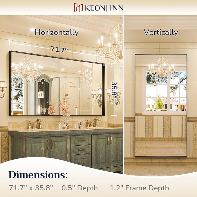 Keonjinn 72 x 36 Inch Bathroom Mirror, Black Large Rectangle Mirror for Over Sink, Square Corner Metal Framed Farmhouse Mirrors, Modern Rectangular Wall Mirrors(Horizontal/Vertical)