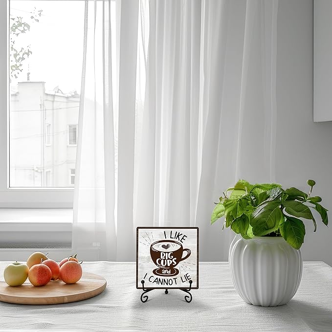 Coffee Bar Decoration, Coffee Decor Sign, I Like Big Cups, Farmhouse Home Kitchen Wooden Plaque with Iron Stand, Coffee Station Decor for Coffee Coner-A10