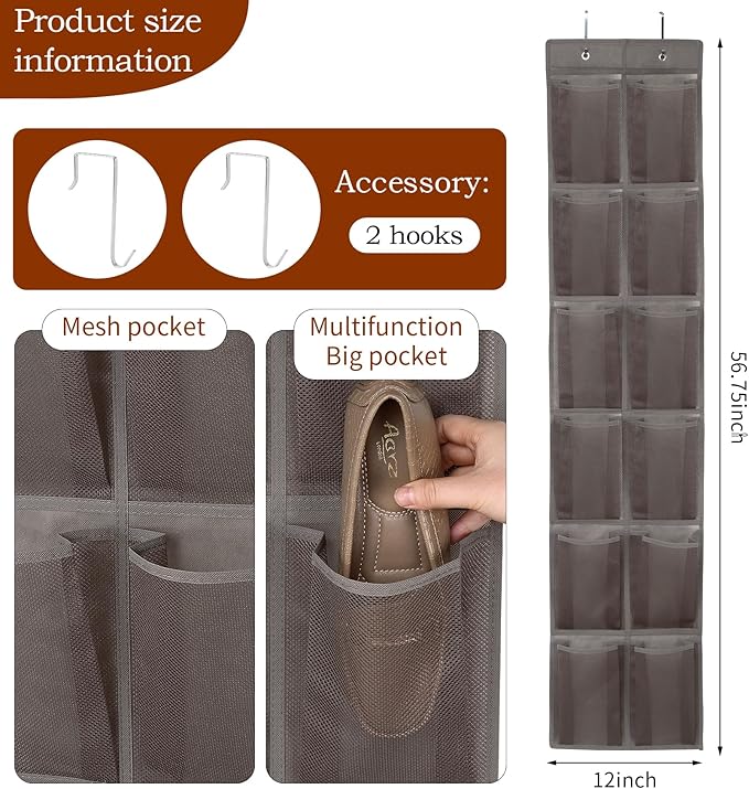 12 Large Pockets Over The Door Hanging Shoe Organizer, LIGHT BROWN COLOR