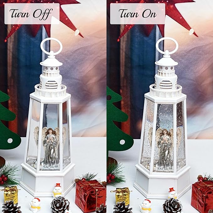 13.5'' Christmas Angel Snow Globe, White Retro Lighthouse Musical Lighted Water Lantern, Decoration with Swirling Glitter, USB Powered and Battery Operated, Xmas Home Décor Gift