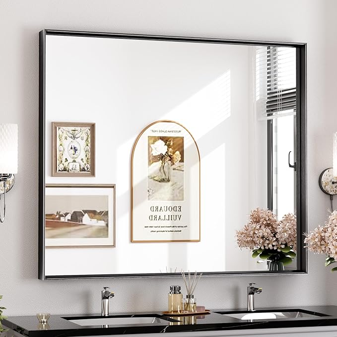 Keonjinn 42 x 36 Inch Black Framed Mirror, Bathroom Vanity Mirror for Wall, Metal Framed Rectangle Bathroom Mirrors, Large Modern Farmhouse Matte Black Mirrors for Over Sink(Horizontal/Vertical)