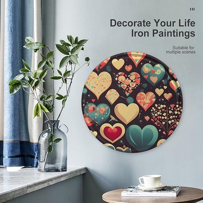 Wall Picture, with Heart Crush Flower Printed Circular Iron Hanging Picture,Wall Art Decor,Home for Bedroom Living Room Bathroom Decor,Iron Painting 11.8X11.8 in