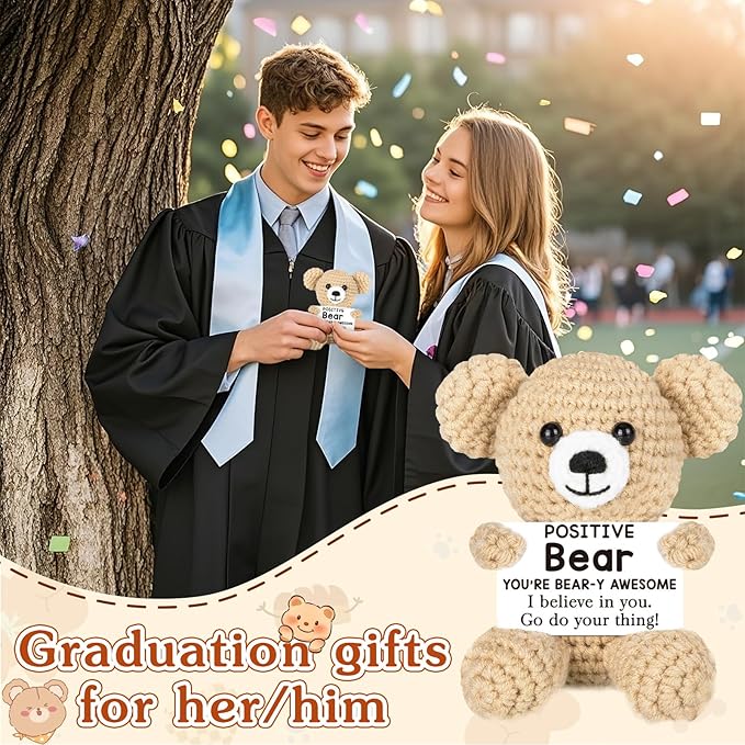 WELLBANEE Positive Crochet Bear Gift for Women Men, Mothers for Dad Mom, Positive Bear Graduation Gift for Daughter Son Student, Teacher, Friends, Boss Gifts for Women Coworker