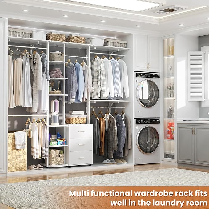 Aheaplus Closet System with Drawers, Closet Organizer System Storage with Shelves, 96'' Walk-in Closet with 5 Hanging Rods, Heavy Duty Wall Mounted Clothes Wardrobe Garment Rack,-Metal Frame, White