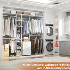 Aheaplus Closet System with Drawers, Closet Organizer System Storage with Shelves, 96'' Walk-in Closet with 5 Hanging Rods, Heavy Duty Wall Mounted Clothes Wardrobe Garment Rack,-Metal Frame, White