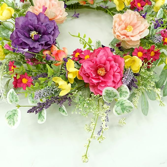 WreathDream Artificial Spring Summer Wreath Peony Wreaths for Front Door with Olive Leaf,Eucalyptus Leaf,Daisy,Lavender for Indoor Outdoor Wall Festival Home Farmhouse Wedding Decor