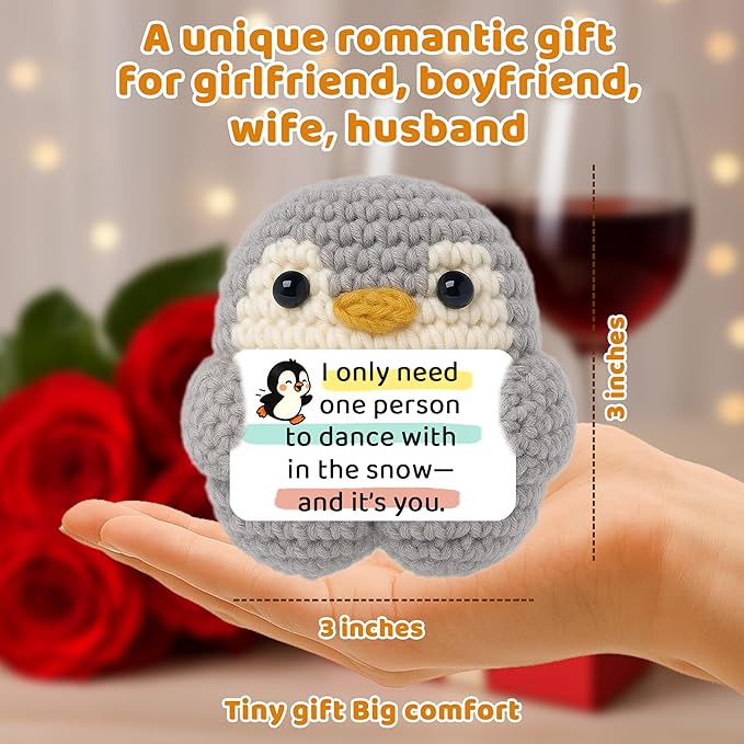 Crimmy Love Romantic Gifts for Him Her Boyfriend Girlfriend, Crochet Penguin Anniversary Birthday Present for Women Men, Christmas Valentines Gift for Couples Wife Husband (Grey Love Penguin)