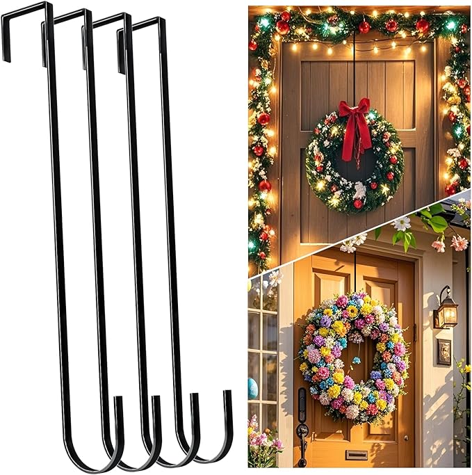 15" Wreath Hangers for Front Door,4 Pack Wreath Door Hanger,Non Scratch Over The Door Hooks Halloween Christmas Easter Decorations Welcome Sign for Front Door Décor, Slim Hangers (Black-4 Pack, 15 in)