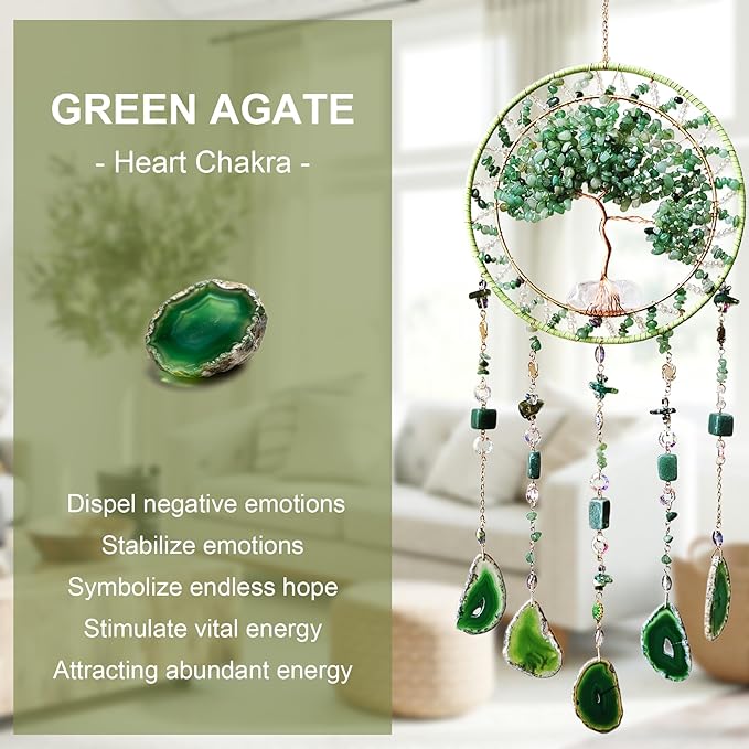 Tree Life Dream Catcher and Sun Catcher, Handmade Healing Crystal Boho Window Hanging for Home Decor, Rainbow Maker Wall Decor, for Women, Housewarming (Green)