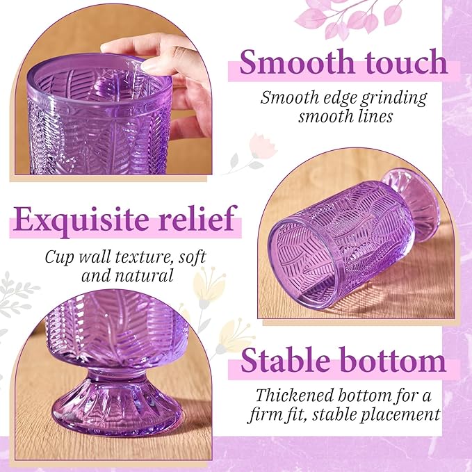 6 Pcs (H:7" W:4") Embossed Flower Vase Pedestal Glass Vase Big Base Thickened Crystal Vintage Vases for Valentines Day Wedding Home Decor Table Centerpiece House Warming Gifts(Purple)