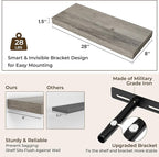 RICHFOCUS 28Inch Floating Shelves for Wall 2 Pack Shelves for Bedroom|Kitchen|Bathroom|Laundry Room Rustic Wood Wall Mounted Shelf with Invisible Brackets for Books|Storage|Decor, Grey