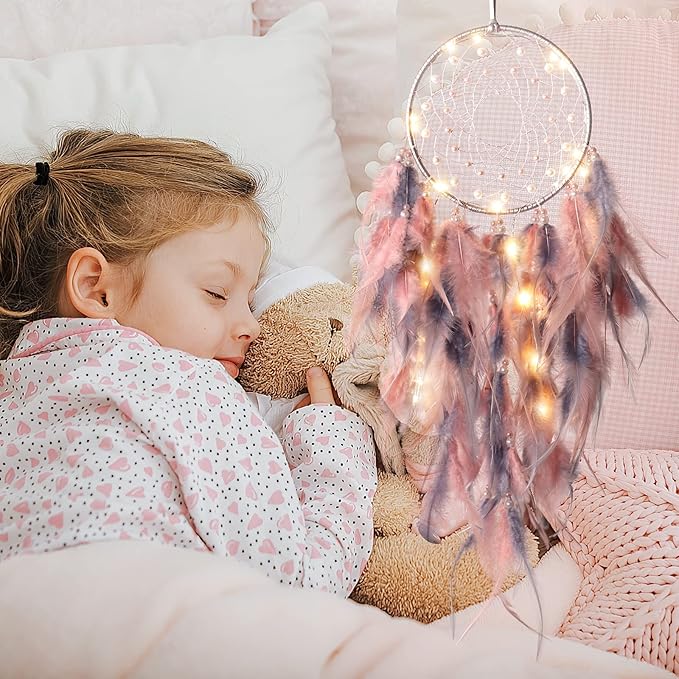 KHOYIME LED Dream Catcher Light Up Handmade Feather Dreamcatchers Boho Wall Hanging for Girls Kids Bedroom Bohemian Home Decor Wedding Ornament Craft Gift (Pink&Grey)