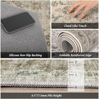 Washable 8x10 Area Rugs for Living Room, Boho Non-Slip Vintage Distress Large Rugs for Bedroom Dining Room Nursery Office, 0.3" Neutral Oriental Throw Thin Carpet, Flaxen/Brown/Multi