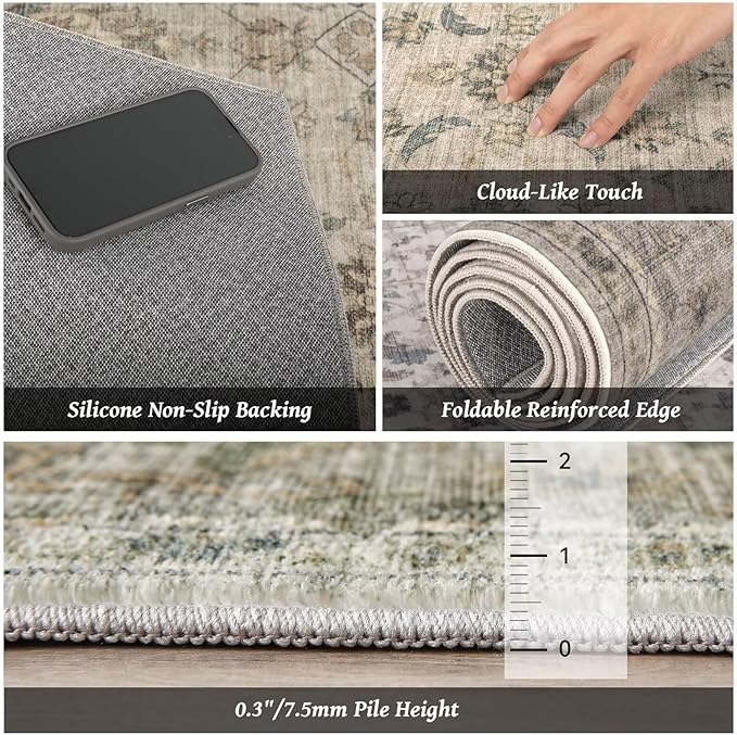 Washable 9x12 Area Rugs for Living Room, Boho Non-Slip Vintage Distress Lager Rugs for Bedroom Dining Room Nursery Office, 0.3" Neutral Oriental Throw Thin Carpet, Flaxen/Brown/Multi
