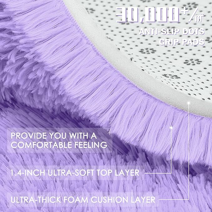 OLANLY 3x5 Machine Washable Small Bedside Rug, Soft Fluffy Shaggy Rugs for Living Room, Bedroom, Indoor Floor Carpet for Kids Girls and Boys, Preppy Dorms, Nursery, Home Decor Aesthetic, Light Purple