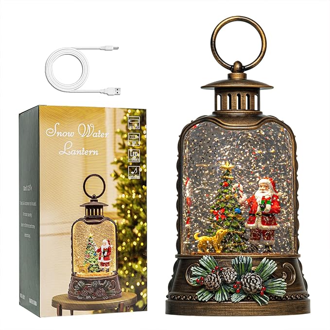 9.6" Christmas Snow Globe Lantern with Santa Claus - Water Swirling Glitter LED Light Musical Lantern with Exterior Decor - Vintage Xmas Gifts - USB Plug or Battery Operated Home Decor (Santa & Dog)