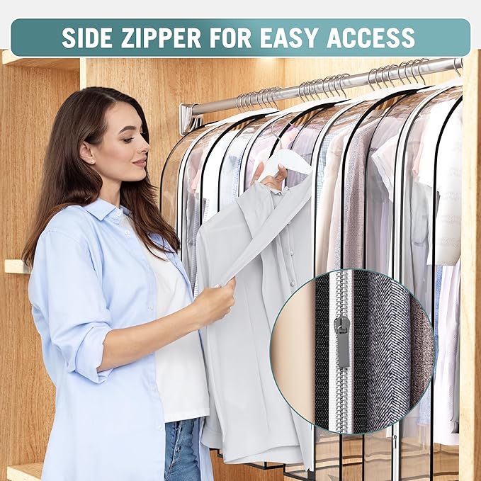 Clear Garment Bag for Hanging Clothes 10” Gusseted, 32” Suit Bags for Open Closet Storage Plastic Clothes Cover for Coat, Dress, Shirts, Fur, Jacket, Wardrobe Protectors, 4 Pack