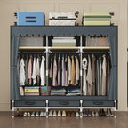 Portable Wardrobe, Freestanding Closet Hanging Organization, Metal Frame with Grey Fabric Cover, 3 Storage Compartments, 3 Hanging Rods, 3 Drawers.