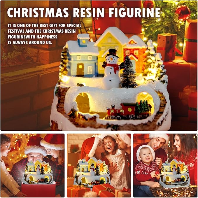 Christmas Village Figurines Musical Snow Globe Christmas Collectible Buildings Decoration with Spinning Train 8 Music & LED Light for Christmas Home Decor Gift Santa Claus (Snowman) (W01)