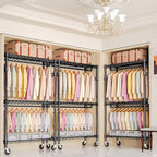 Heavy Duty Rolling Garment Rack 3 Tiers Adjustable Wire Shelving Clothes Rack with 2 Rods and Side Hooks, Storage Closet Clothing Rack with Wheels Black 17.7" D x 47.2" W x 83.6" H