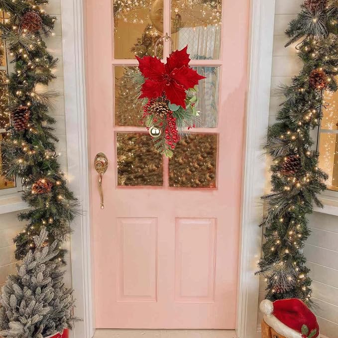 CITYES Christmas Swag Artificial Teardrop Swag Wreaths with Pinecones Red Berry Golden Ball Poinsettia Artificial Christmas Teardrop for Xmas Decor Front Door Outdoor Indoor Wall Mailbox