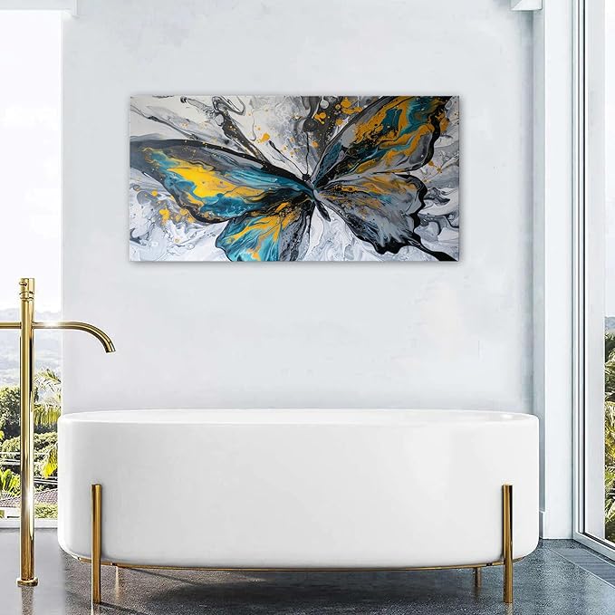 Abstract Butterfly Wall Art Teal Grey Yellow Butterfly Wall Decor Modern Marble Textured Canvas Poster Luxury Fluid Pictures Watercolor Neutral Artwork for Living Room Bedroom Home Decoration 24x48"
