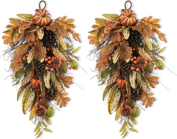 Glitzhome 2 Pcs Fall Teardrop Swags for Front Door, Artificial Wall Decorative Swags with Leaf & Pumpkins & Pine Cones & Berries for Home Porch Wall Window Halloween Thanksgiving Indoor Outdoor Decor