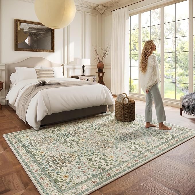 Washable Area Rug 6x9 - Oriental Vintage Dining Room Rug for Living Room, Bedroom, Kids Playroom & Baby Nursery - Low Pile, Non-Slip, Lightweight & Stain Resistant
