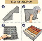 PINGMIC Gray Sock Organizer Divider 4 Pack - 24 Cell Foldable Closet Storage, Tie Organizer For Men Boxes for Socks, Ties, Belts