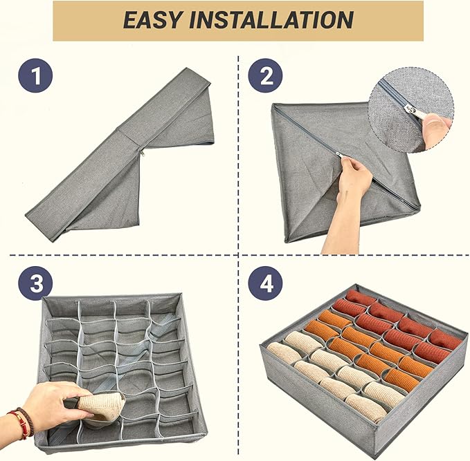 4 Pack 96-Cell Fabric Sock Organizer and Tie Organizer For Men - Fabric Foldable Drawer Divider for Socks, Underwear, Ties and Belts - Foldable, Multi-Cell Design, Space-Saving (Grey)