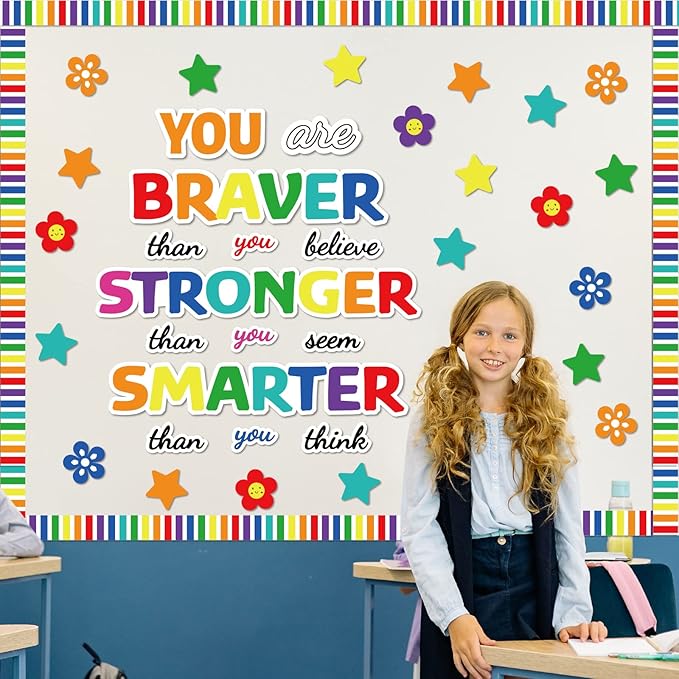 Classroom Bulletin Board Decoration Set Welcome Banner Wall Door Decor Colorful Classroom Decorations for Kindergarten Preschool Elementary Middle School (Braver, Stronger, Smarter)